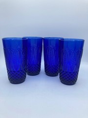 Vintage Arcoroc Sapphire Colbalt Blue Tumblers Leaf & Diamond Pattern Set of 4