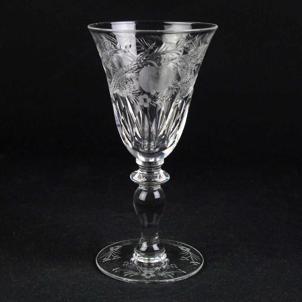Hawkes Signed Mitres & Fruits Cut Wine Glass, Antique Intaglio Gravic 3oz 5 3/8″