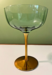 Set of 2 Green & Bronze Glass Champagne Coupes NEW