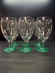 Mint Mexican Hand-Blown Water Goblets 7” Clear Optic Bowl Green Foot Set of 6