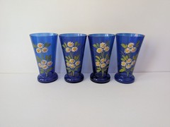 Antique Bohemian Czech Cobalt Blue Glass Pitcher Tumbler Set Parrot Bird Flowers