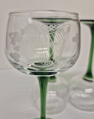 Set Of 3 Duiske Irish Hard Cut Hock Glasses. Etched Harp & Shamrock Green Stem.