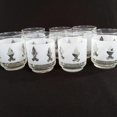 7 Libbey Fleur De Lis Low Ball Juice Glasses 3″ Frosted White Silver Vintage