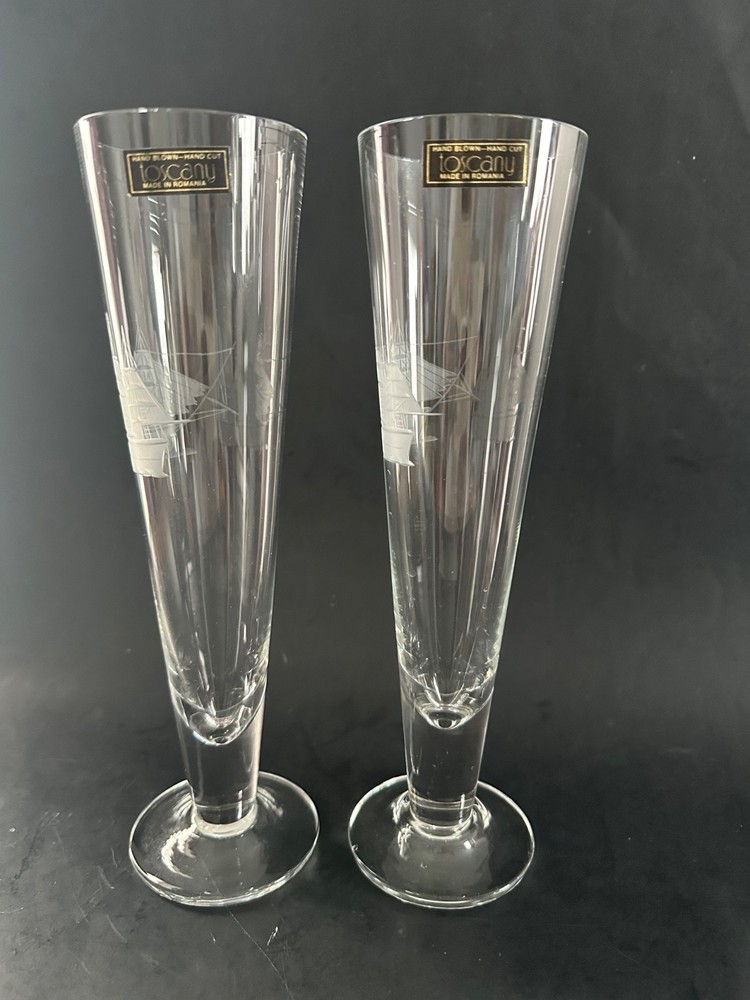 Toscany Crystal Clipper Ship Etched Tall Pilsner Beer Glass Set Of 2 with Label