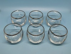 Set Of MCM Dorothy Thorpe Style Pitcher Decanter 6 Roly Poly Silver Trim Glasses