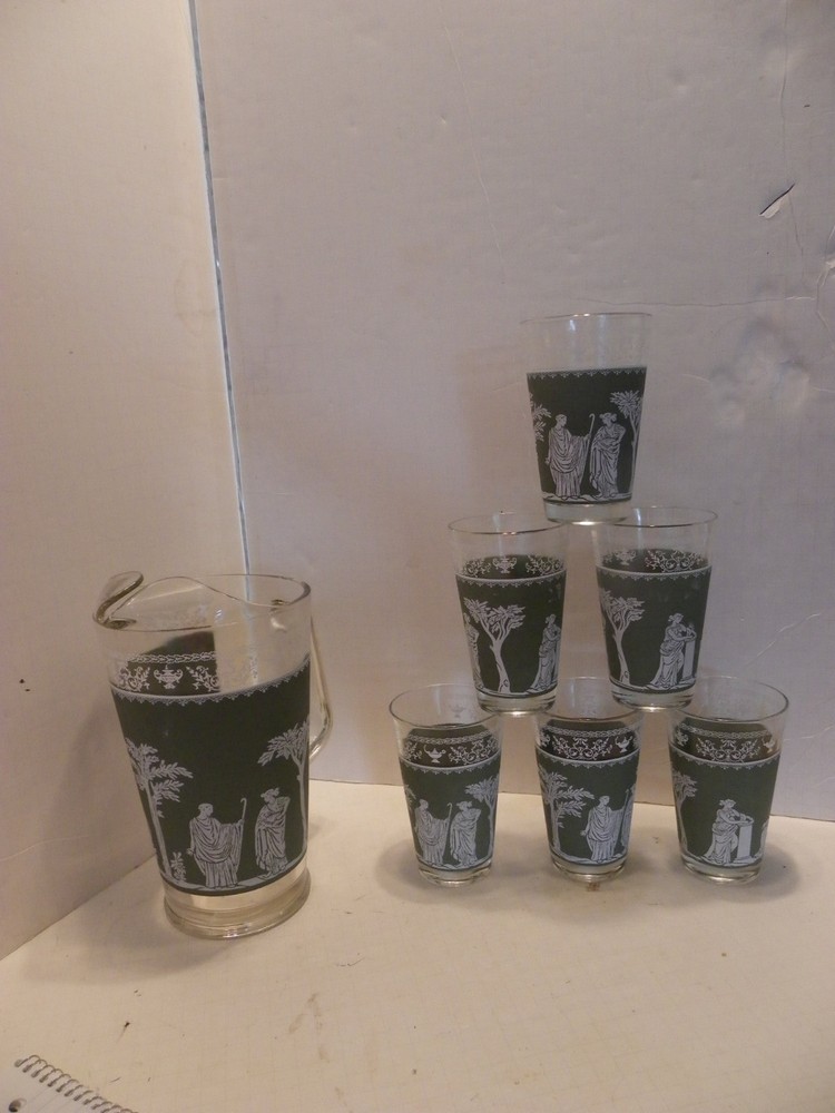 JEANNETTE GLASS HELLENIC GREEN Pitcher Goddess TUMBLER GREEK Neo Classical Set