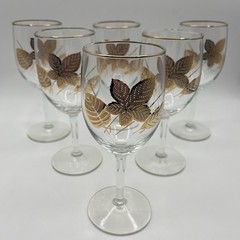Vtg Set Of 6 MCM 1960’s Libbey Gold Leaves Pattern 6” Stem Wine Glasses EUC