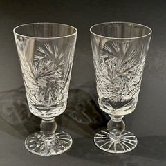 Set of 2 Hand Blown Cut Glass Crystal Hobstar and Pinwheel Cordial Glasses 4.5″
