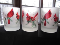 Set of 3 Culver Frosted Glass Red Cardinal Snowy Pine Branches Drinking Glasses