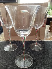3 Hand Blown Twisted Ribbon Swirl Stemmed Red White Green Goblet Bell Shaped
