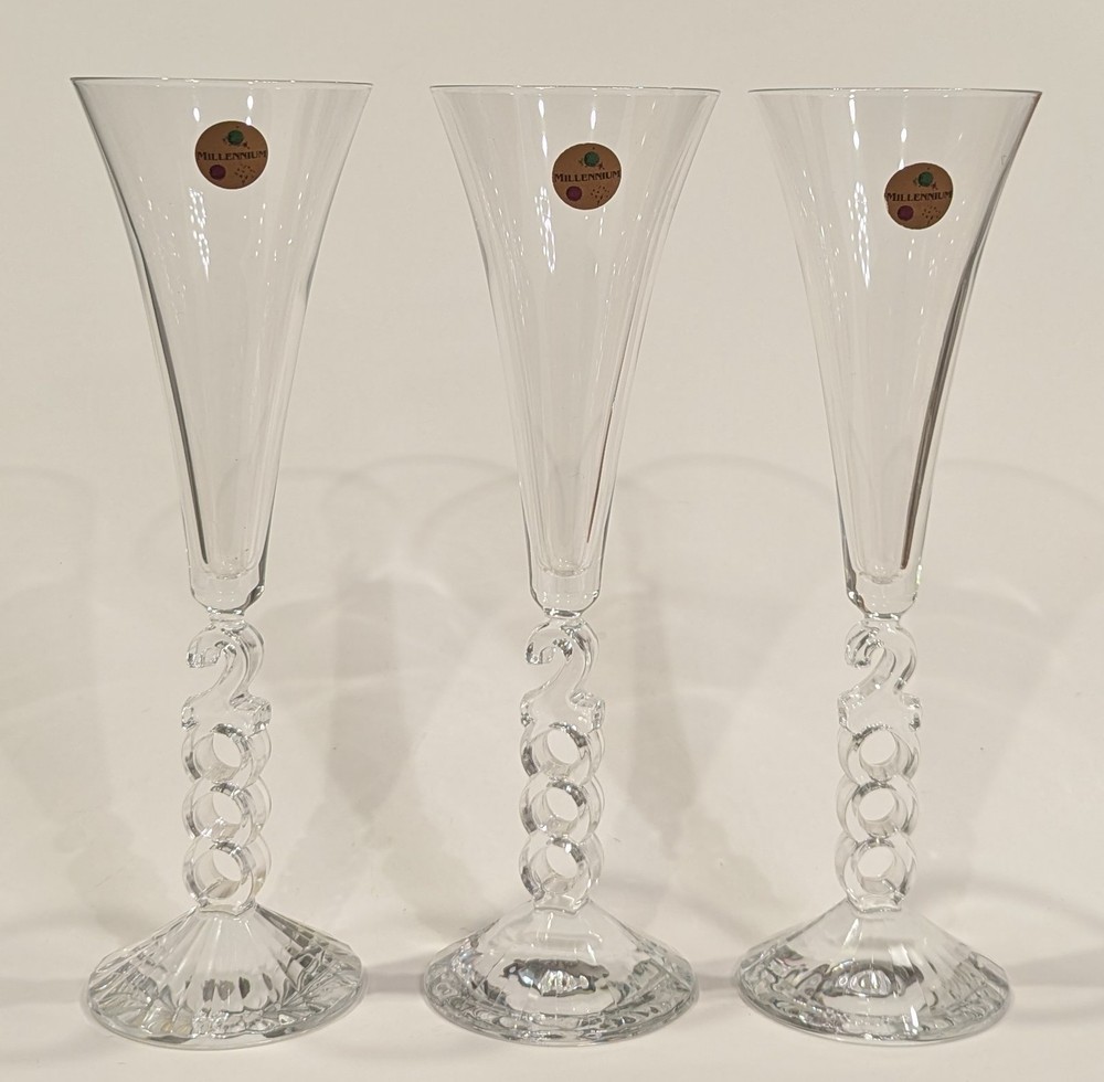 3 Cristal d’Arques Millennium Year 2000 Crystal Glass Champagne 10″T Vintage