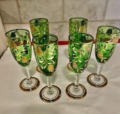 Stemware-(6) Emerald Green and Gold Floral Design-Sherry/cordial Flutes-