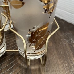 Vintage Libbey Gold Leaf High-ball Frosted Glasses 8-Piece Set – Metal Carrier