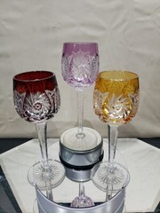 3 Wine Glasses Hocks Goblets Amber, Purple. & Red Cut to clear Crystal Buzzstars