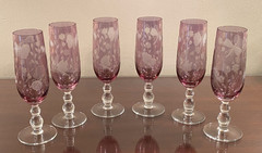 Romanian Etched Butterflies Ladybugs Dragonflies Amethyst CHAMPAGNE Glasses 6 PC