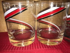 6 ATELIER VITREON 14oz Rocks Glass SWIRL Hand Painted White Red Black Striped 4″