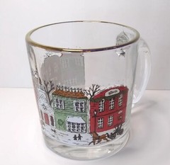 Christmas Village Snow Scene Horse & Sleigh gold trim Glass 13oz Cup Mug USA