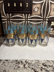 Set of 8 Federal Glass Nordica Turquoise & Gold Atomic Highball MCM Barware