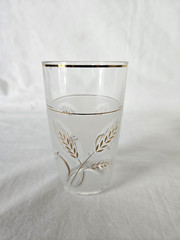 Vintage Italy Frosted Wheat Glass Pitcher & 4 Tumbler Glasses w/ Gold Trim