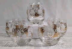 Vintage Fancy Roly Poly Clear Gold Grape Vine Design Glasses Set of 8