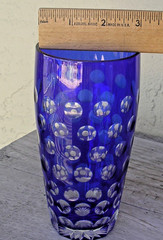 VTG COBALT BLUE Cut to Clear Bohemian Czech 6.5″ Tumbler drink Glass bubble dot