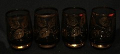 4 Smoke Black Glass Vintage Retro MCM Gold Foil Leaf Design Shot Glasses