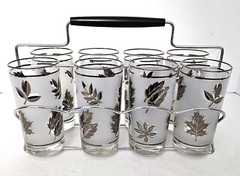 Vintage Set of 8 Libbey Gold Leaf Frosted Tumbler Glasses in Metal Caddy MCM