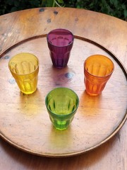 4 Pasabahce PALAKS Jewel Colored 6 oz Juice Glasses Purple Green Orange Yellow