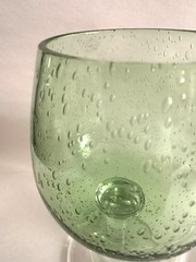 2 Hand Blown Green Wine Goblets Art Glass Controlled Bubbles Clear Stems 14oz