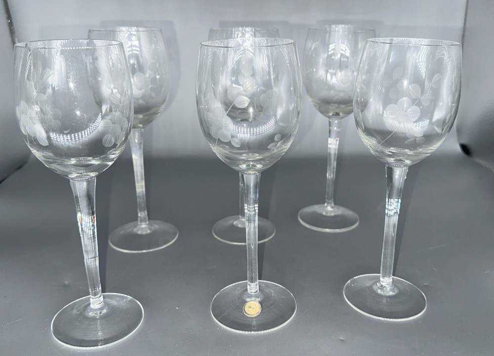 Set of 6 Romanian Etched Wine Glasses Floral Pattern Vtg 7.5″ H 5 oz