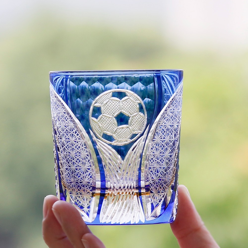 2026 World Cup Trophy Themed Blue Crystal Glass Hand-cut Whiskey Tumbler 9oz