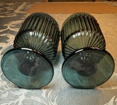 Set of 2 Vintage Teal Blue-Green Ribbed Footed Goblets Gold Rim 4.5” Tall