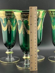 Set of 6 Mouth Blown Arte Italica Medici 24-K Gold/Green Champagne Flutes *READ*