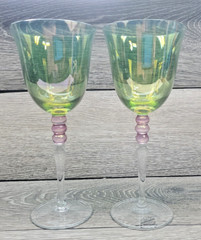 2 Danube Collection Crystal Wine Glass Hungary 8 1/2″ Green Lavender Clear Stems