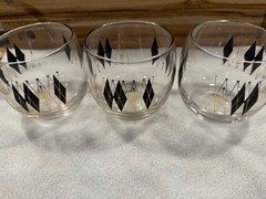 3 Mid Century Modern Gold & Black Atomic Diamond Pattern Old Fashioned Glasses