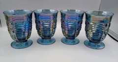 Vintage Windsor button & cane iridescent blue carnival glass Tumbler Juice Glass