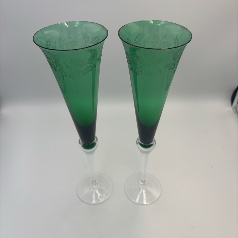 Lenox Holiday Gems Emerald Green – Etched Fluted Champagne Glasses 11”, Set of 2