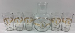 Vtg Libbey Glass Gold Laurel Leaf Monogram «L» Pitcher Drinking Glasses Set MCM