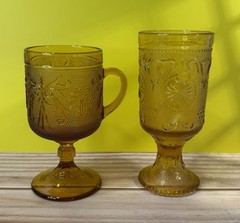VTG Set 2 Amber Glasses Embossed Floral Design Tiara & Brockway American Concord