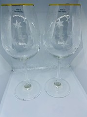 2 Vintage Etched Glass Atomic Star Burst Wine Glasses MCM Czech Gold Tone Trim