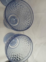 4 Vintage Villeroy & Boch Boston Blue Glass Footed Embossed Water Goblets NEW