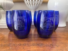 6 Cobalt Blue Etched Design Williamsburg Virginia Short Glasses Governors Palace