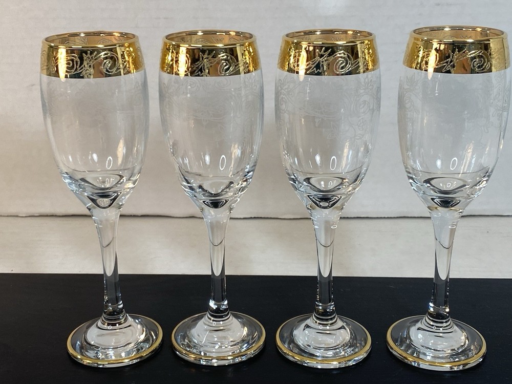 4 BERNINI Etched Crystal Stemware Cordial Glasses w/ wide 24K Gold Rim Italy 👀