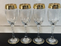 4 BERNINI Etched Crystal Stemware Cordial Glasses w/ wide 24K Gold Rim Italy 👀