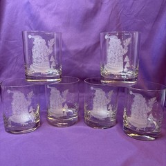 Vintage Santa Claus & Dove Etched Double Old Fashioned Tumbler Glasses Set of 6