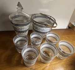 MCM 1950s Corinthian Hellenic Grecian Blue Jeanette Glass Barware Set 9-pc Set