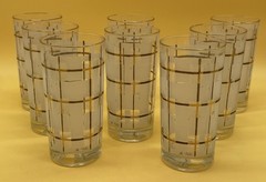 Glasses Barware Clear White & Gold Plaid Hi Ball Tumblers Signed M. Petti