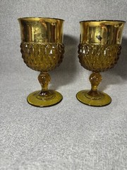 Set Of 2 Vintage 1970s Indiana Glass Amber Gold Rim Diamond Point Goblet Glasses
