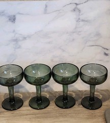 Vtg Smokey Avocado Green Coupe Glasses Set 4 Recycled Hand Blown Glasses Chunky