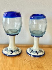 Vintage Early Century Hand Blown Glass Goblets With Talavera Pottery Hand Painte